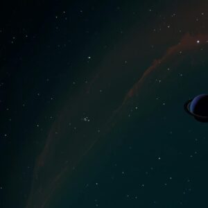 A breathtaking celestial scene featuring a distant ringed planet set against a night sky filled with stars.