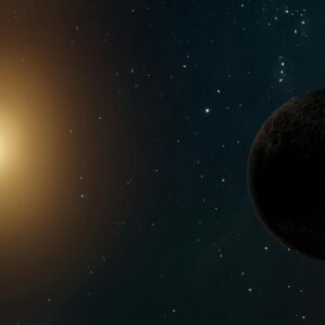 A celestial scene with a glowing star and a distant planet against a starry background.