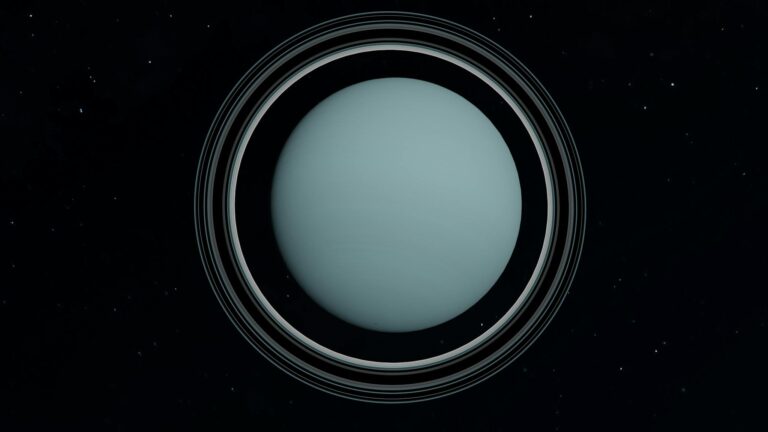Captivating view of Uranus showcasing its distinct rings and celestial surroundings.