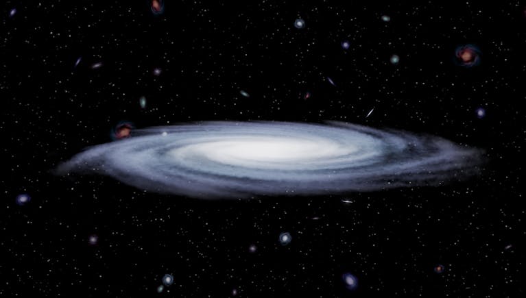 Illustration of a spiral galaxy surrounded by stars and galaxies in deep space, showcasing cosmic beauty.